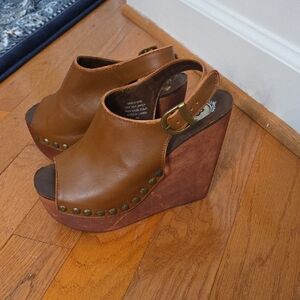 Jeffrey Campbell Tan Brown Leather Wedge High Heeled Platform Sandals, 8